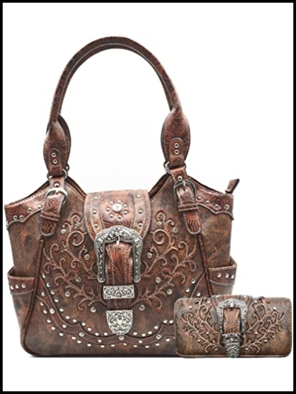 Vegan Leather Tooled Floral Handbag with Wallet Set for Women